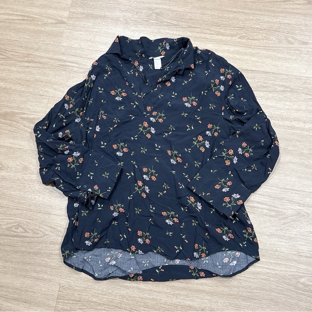 H&M Blue Tan Relaxed Blouse with Mandarin Collar